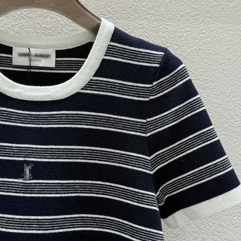 Women's Blue White Gray Knitted Striped Round Neck Shorts