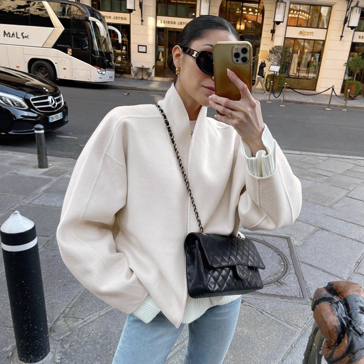 Women's French Fashion Apricot Woolen Design Loose Coats