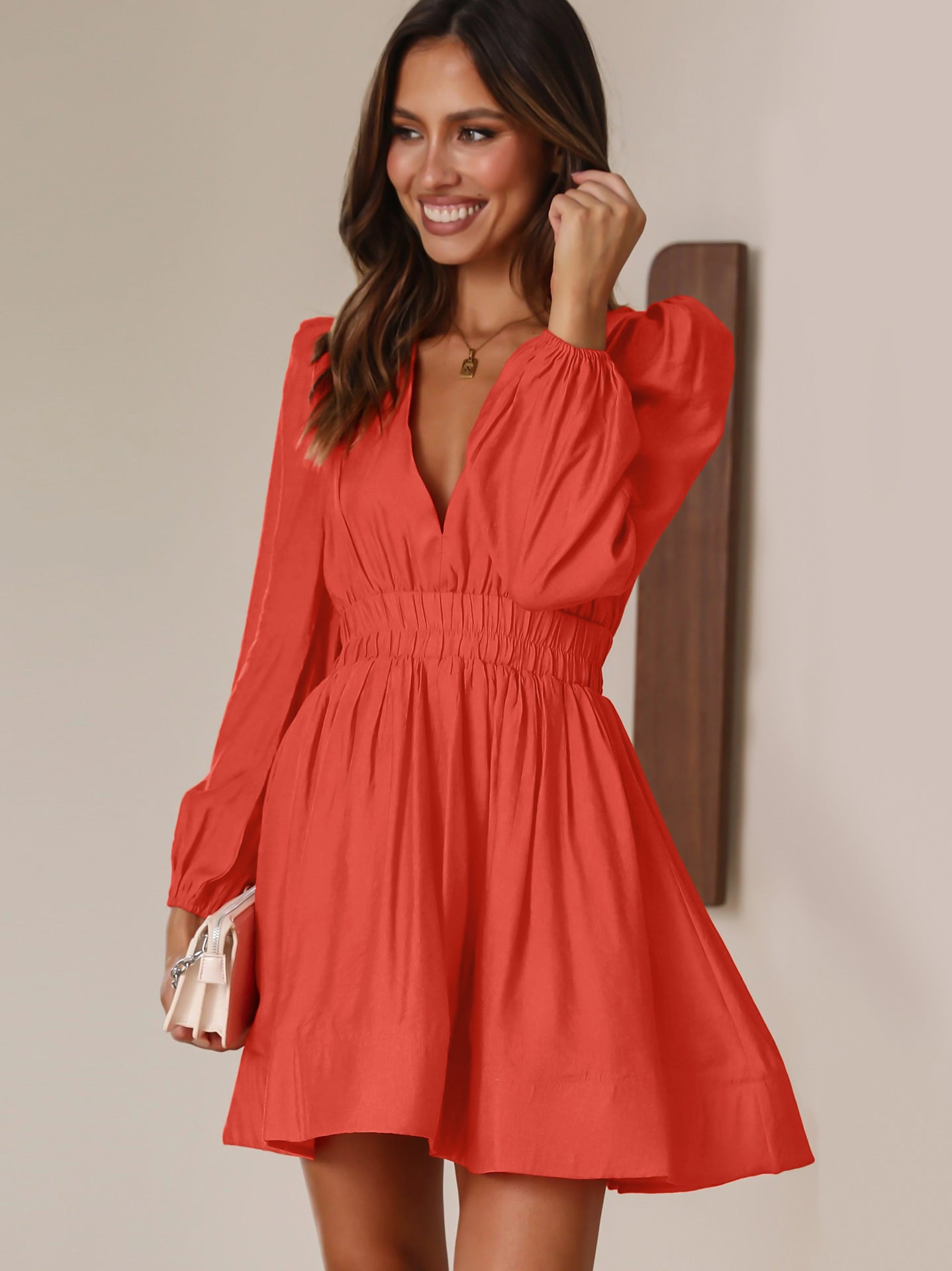 Slimming Deep V Fitted Waist Pleated Long Dress