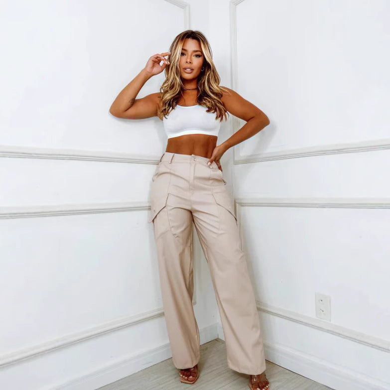 Women's American Leather Elastic Waist Straight Three-dimensional Pants