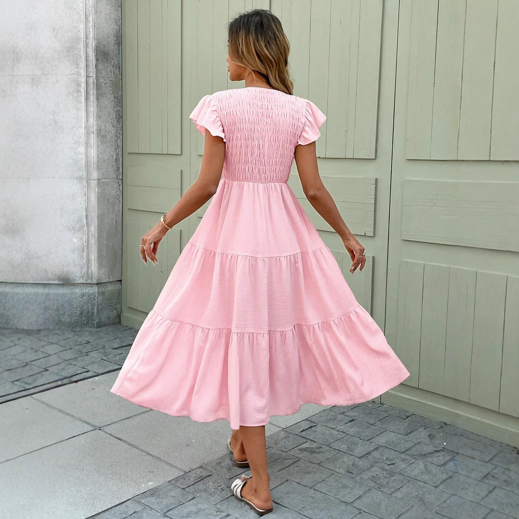 Women's Engagement Chest Gathered Ruffled Sleeves Layered Hem Pink Skirts