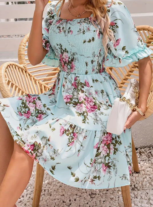 Printed Floral Square Collar Pleated Sleeves Shorts