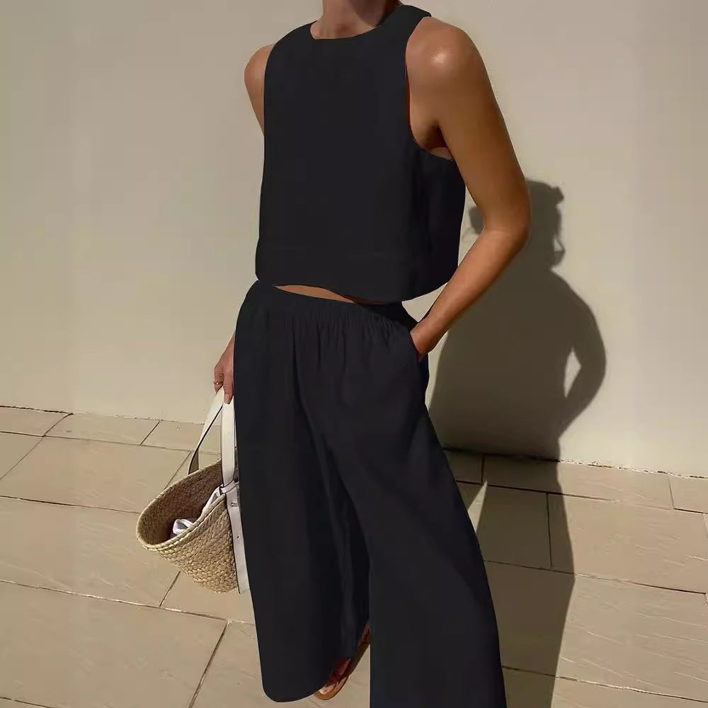 Loose Solid Color Sleeveless Shirt Trousers Fashion Casual Suit