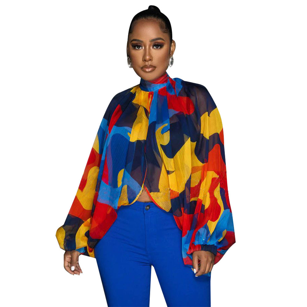 Women's Lace Printing Chiffon Shirt Batwing Sleeve Blouses