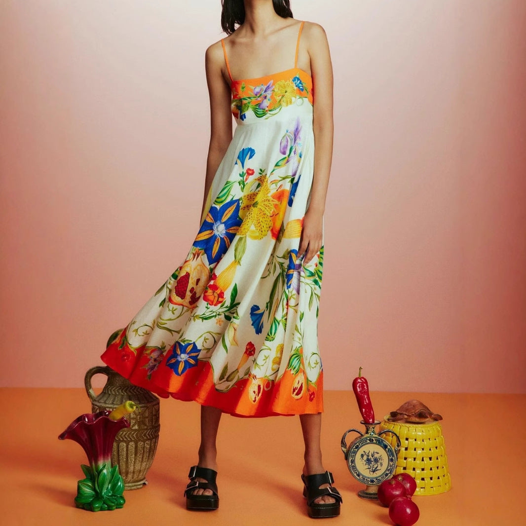 Women's Casual Beach Style Printed Large Swing Strap Dress