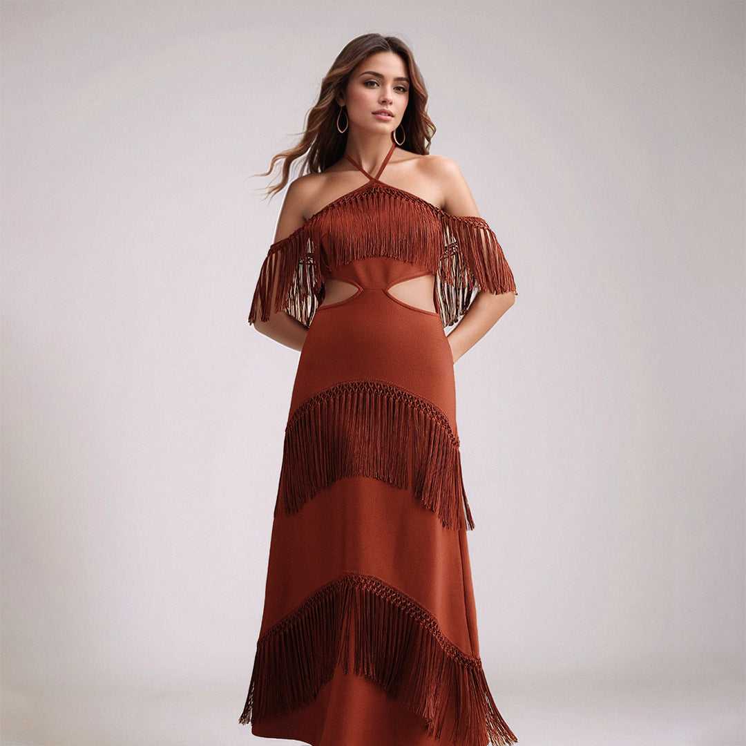 Women's Halter Boho Style Off Shoulder Bandage Stitching Tassel Long Dress