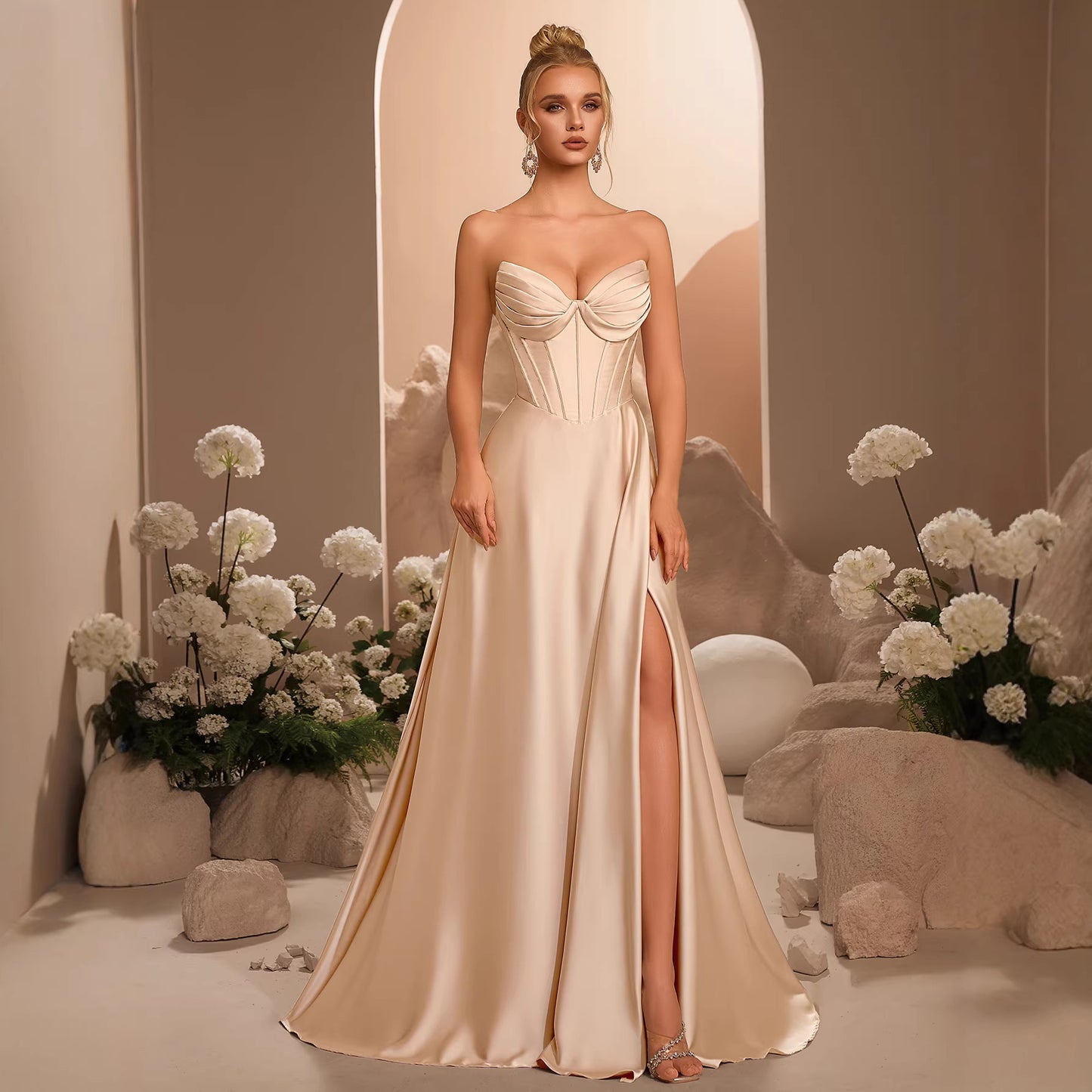 Satin Tube Tight Waist Fishbone Slim Fit Slit Long High-grade Dress