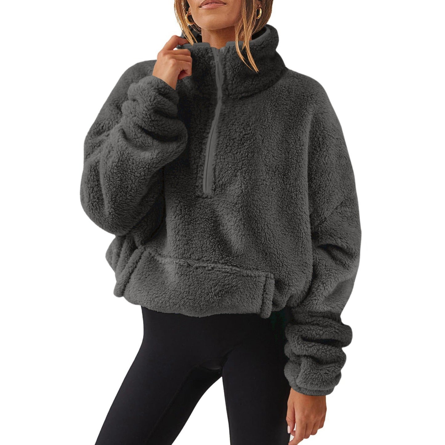 Women's Veet Fleece-lined Half Zipped Stand Collar Women's Sweater, Sweater