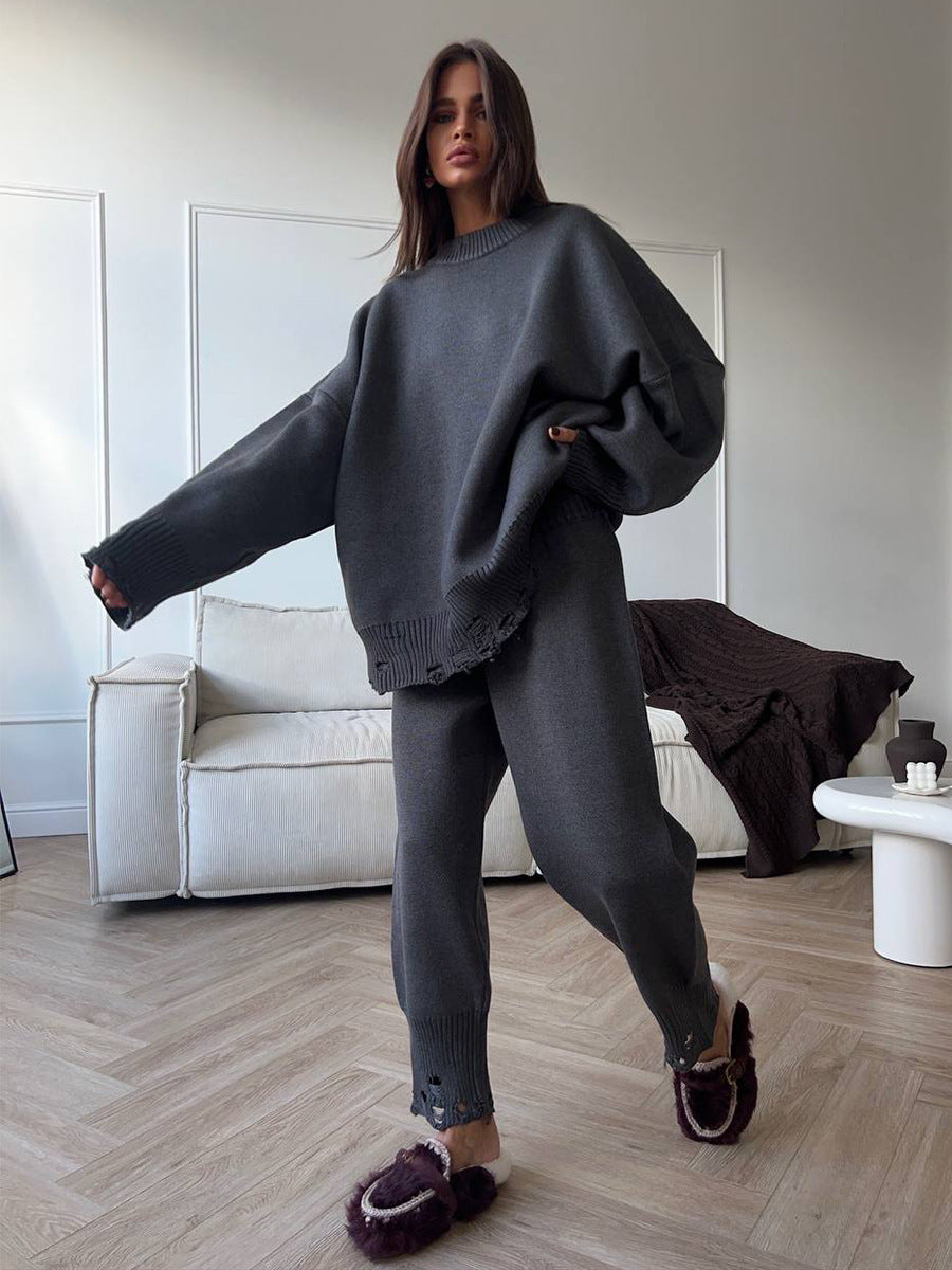 Ripped Female Knitted Ankle Tight Round Suits