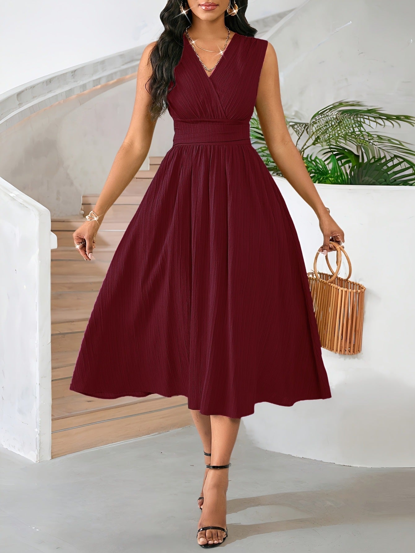 Wave Ruffle Mid-length Sleeveless Summer Holiday Smocking Formal Dress