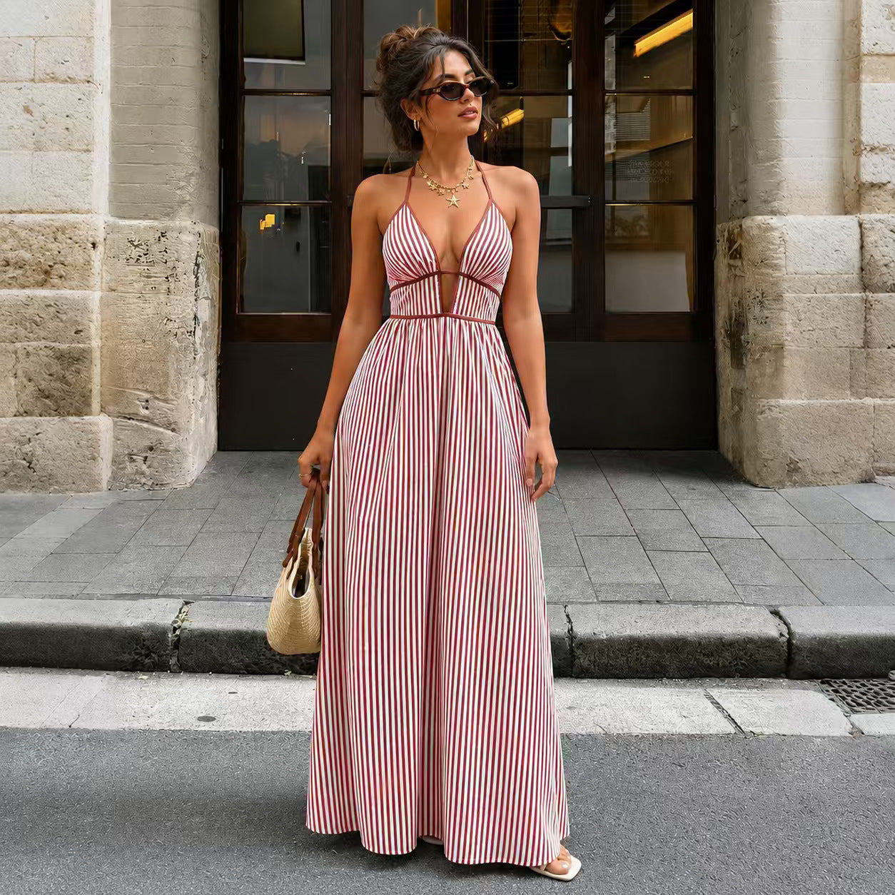 Summer Deep Striped Holiday Backless Sleeveless Dress
