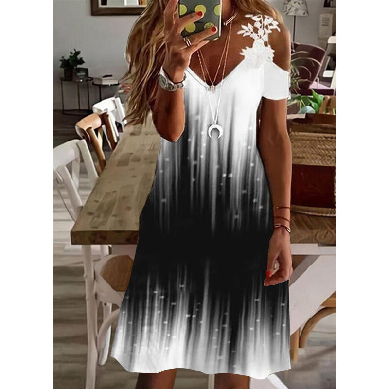 Women's Summer Lace Ruffled Sleeves Printed Dress Dresses
