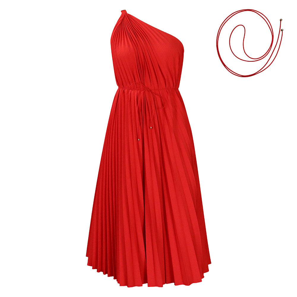 Women's Pleated Slant Shoulder Large Swing Strap Dresses