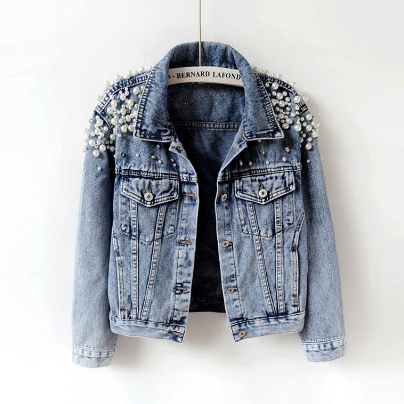 Women's Korean Style Fashion Bead Loose Denim Coats