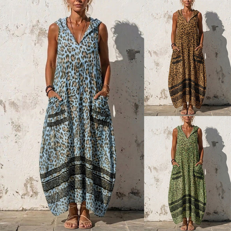 Women's Summer Sleeveless Hooded Leopard Print Pocket Vacation Style Dress