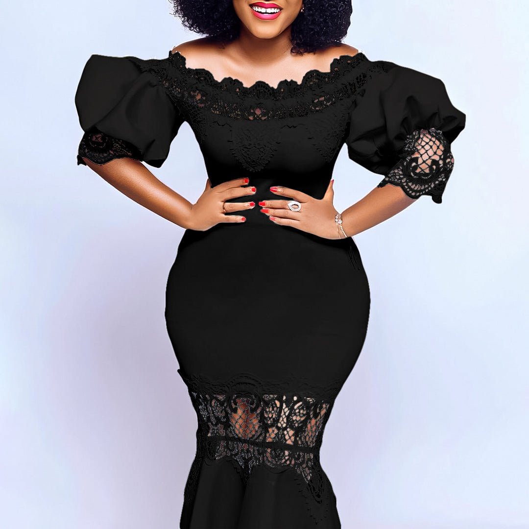 Women's Puff Sleeve Lace Stitching Banquet Fishtail Dresses