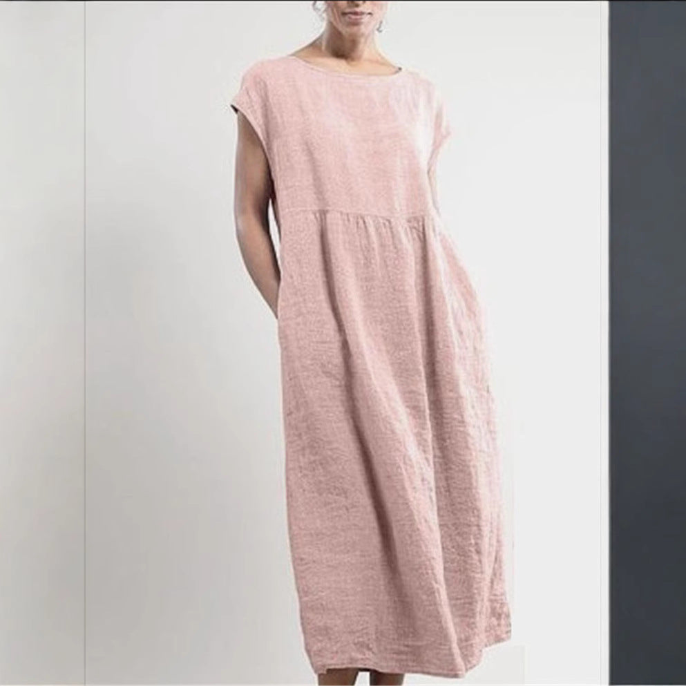 Solid Color Sleeveless Loose Cotton Linen Dresses