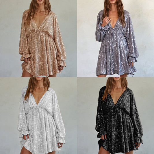 Women's Collar Sequin Dress Sexy Hot Drape Dresses