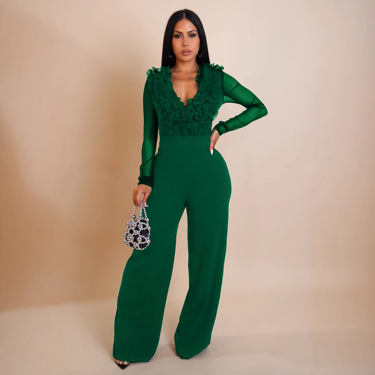 Women's Personalized Line Mesh Stitching Long Sleeves Jumpsuits