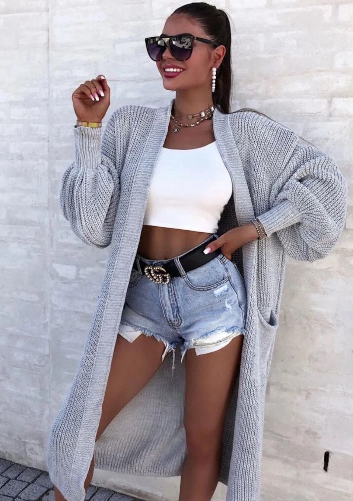 Women's Versatile Thick Needle Pocket Long Solid Knitwear