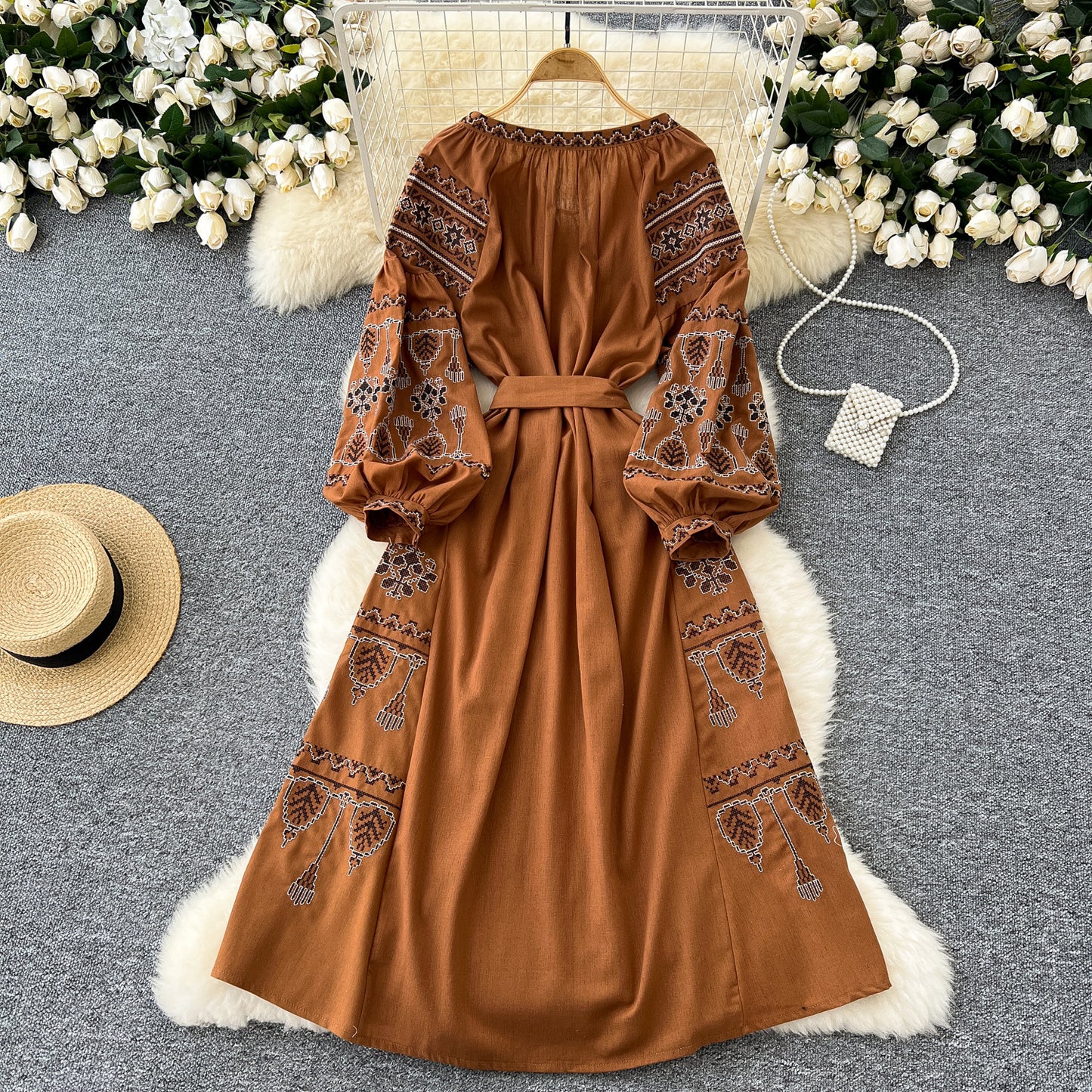 Women's Bohemian Retro Style Embroidered Loose Lantern Sleeve Dresses