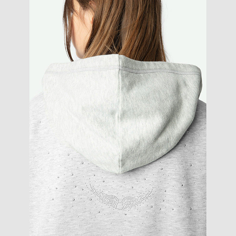 Women's Spring French Niche Wings Rhinestone Fleece Zipper Sweaters
