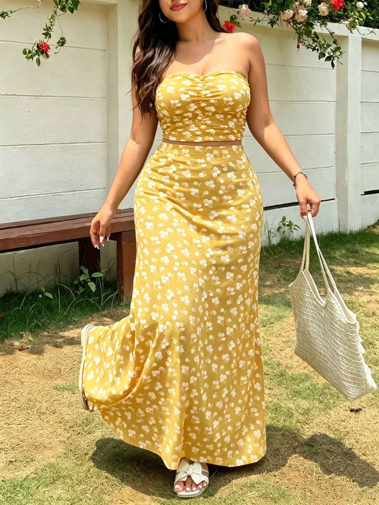 Summer French Style Small Floral Print Tube Vacation Two-piece Dress