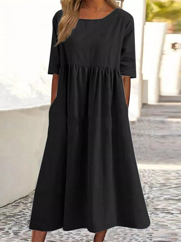 Casual Sleeve Pocket Pleated Loose Round Dress