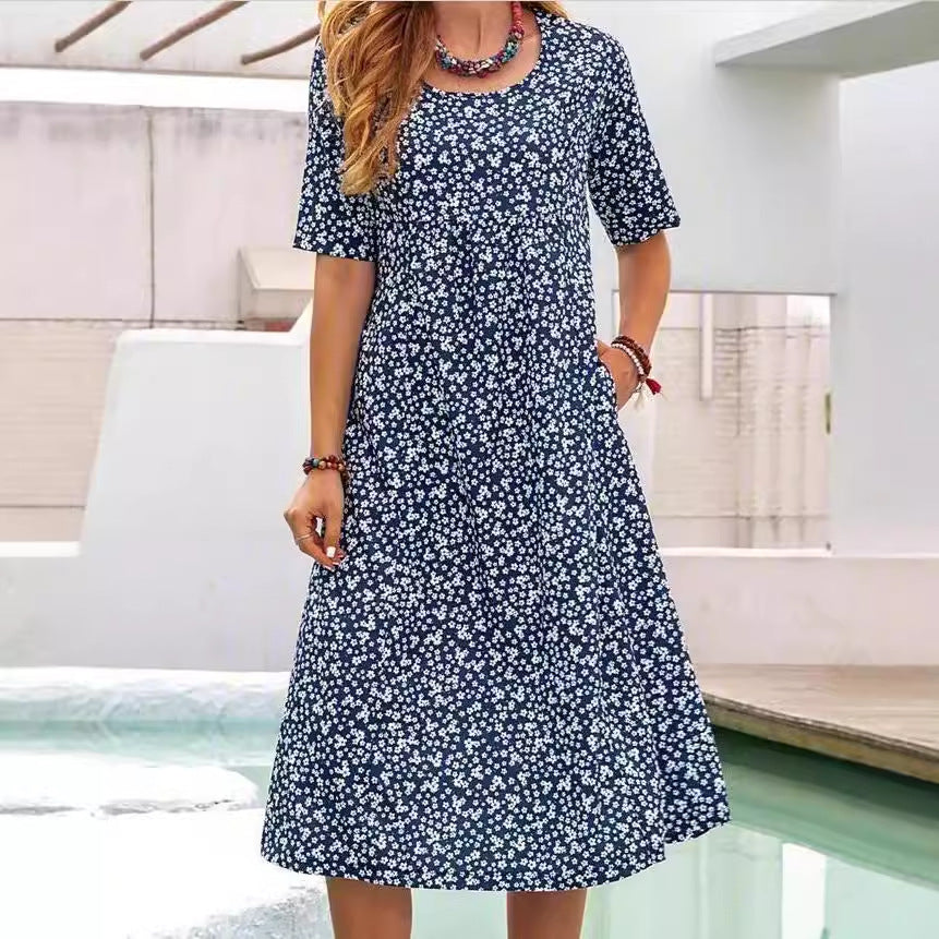 Floral Round Neck Pocket Sleeve Casual Mid-length Dress