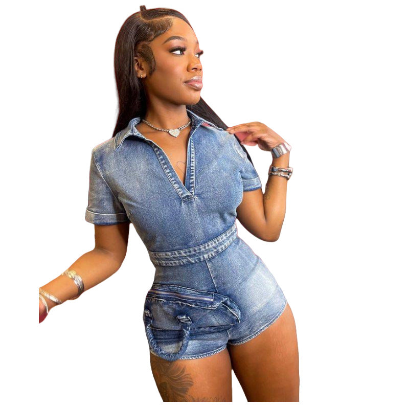 Trendy Cowboy Siamese Washed Stretch Pocket Jumpsuits