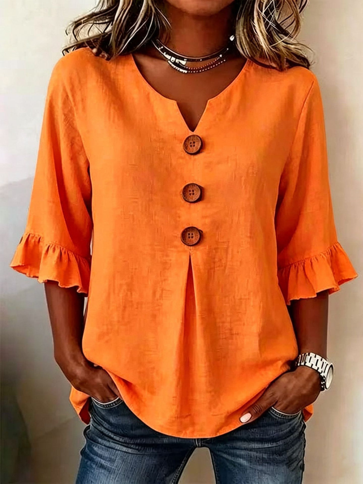 Women's Cotton Linen Large Buttons Ruffle Sleeve Dress