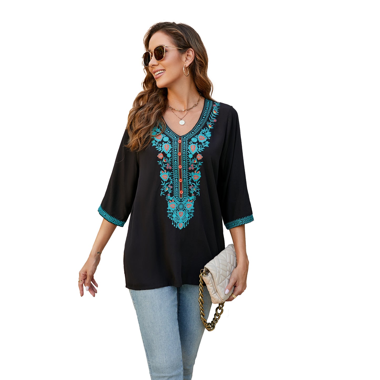 Women's Summer Artistic Loose Thin Embroidery Half Blouses