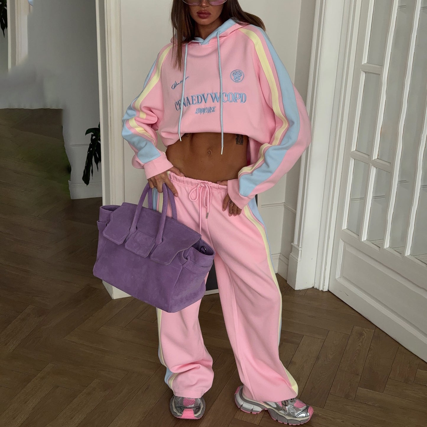 Striped Design Letters Embroidered Hoodie Casual Loose Suits