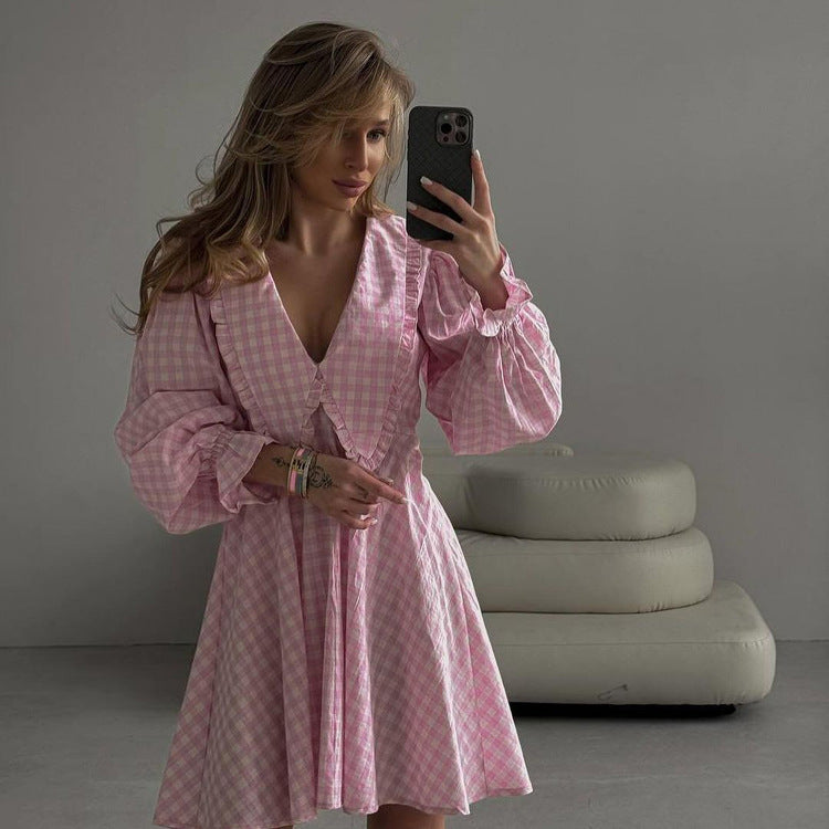 Women's Line Dress Pink Plaid Butterfly Collar Dresses