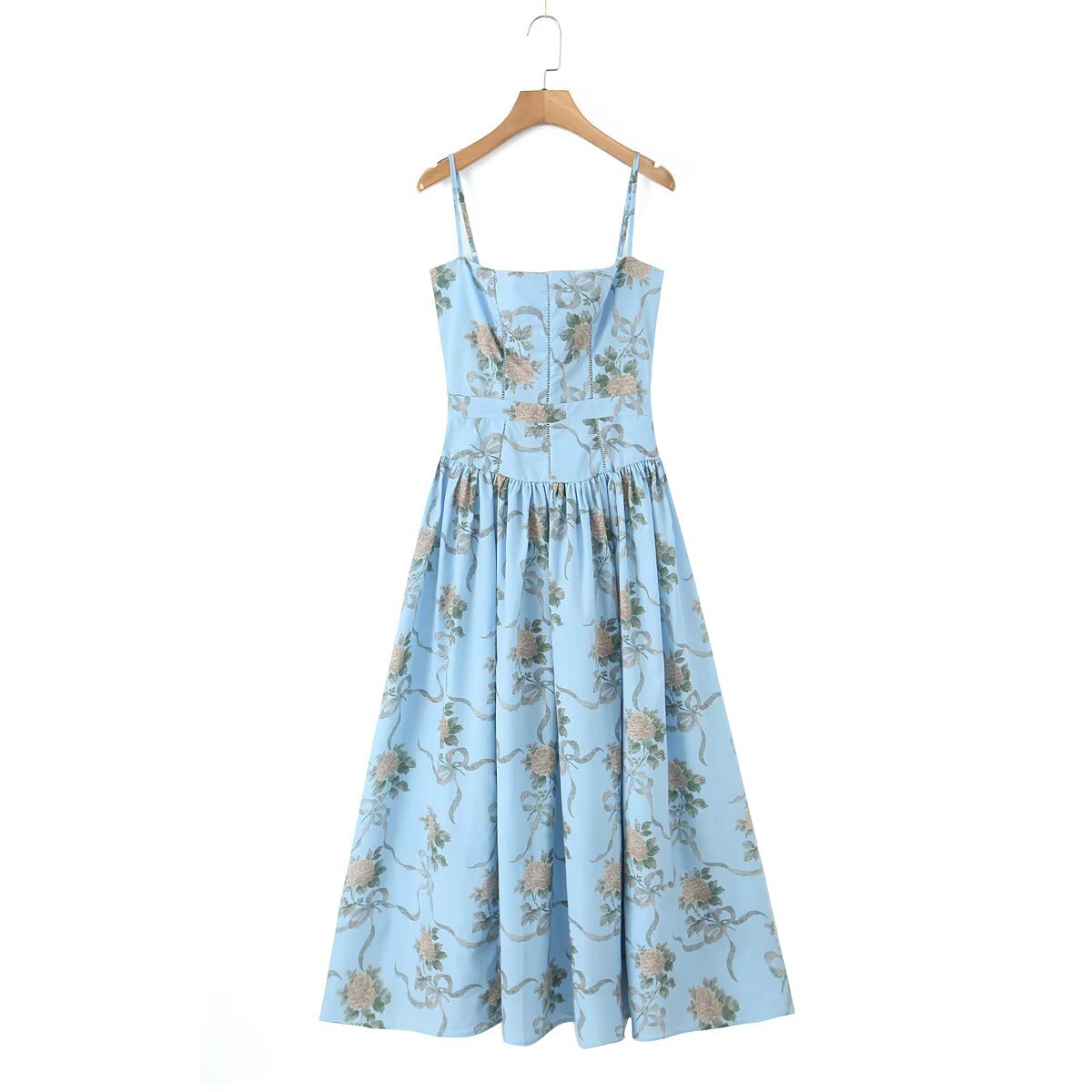Women's Sky Blue Vintage Rose Print Mid-length Sundress Dresses