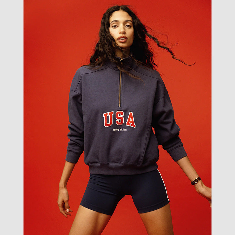 Women's American Niche Letter Printing Zipper Chest Stand Collar Sweaters