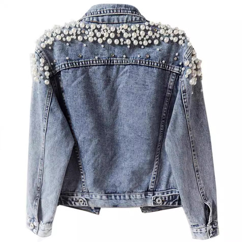 Women's Beaded Denim Long Sleeve Fashion Coats