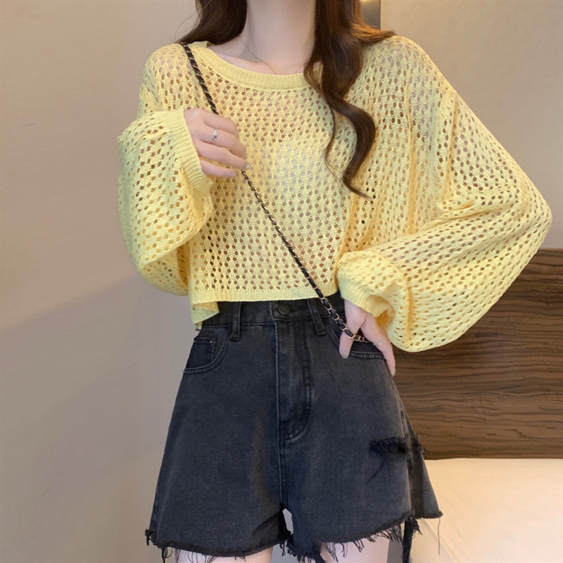 Women's Cutout Summer Tulle Mesh Candy Color Sweet Round Women's Sweater