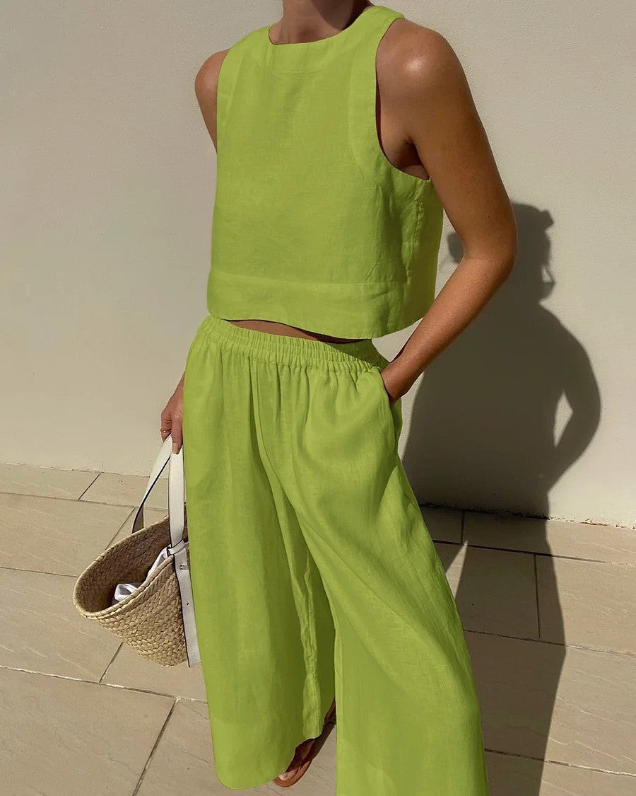 Loose Solid Color Sleeveless Shirt Trousers Fashion Casual Suit