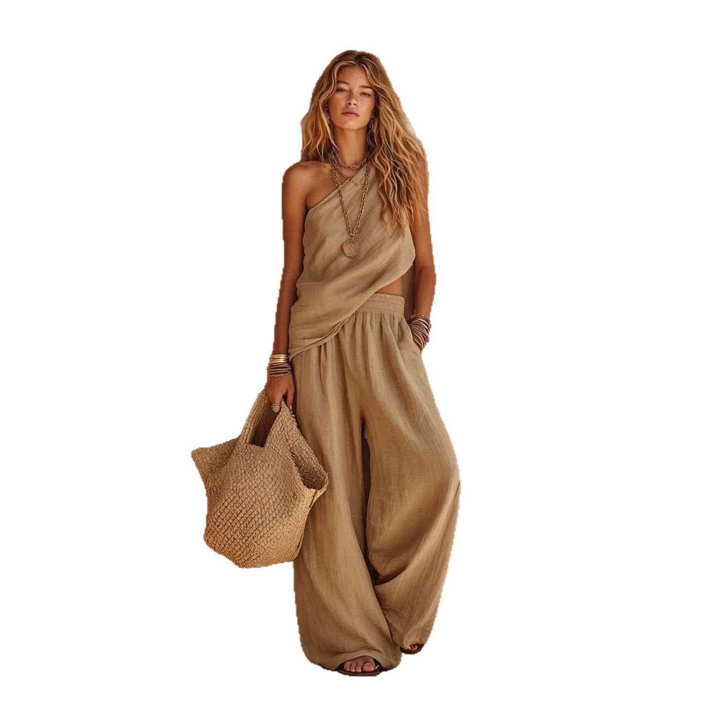 Women's Solid Color Cotton Linen One Shoulder Sleeveless Fashion Casual Suit