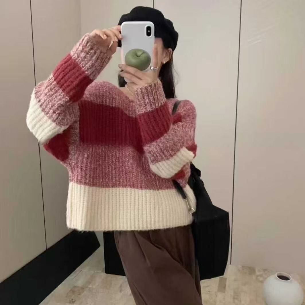 Women's Korean Style Gentle Gradient Striped Thick Needle Loose Sweaters