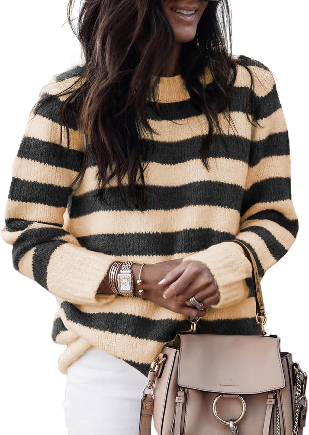 Women's Neck Striped Cute Color Matching Pullover Sweater