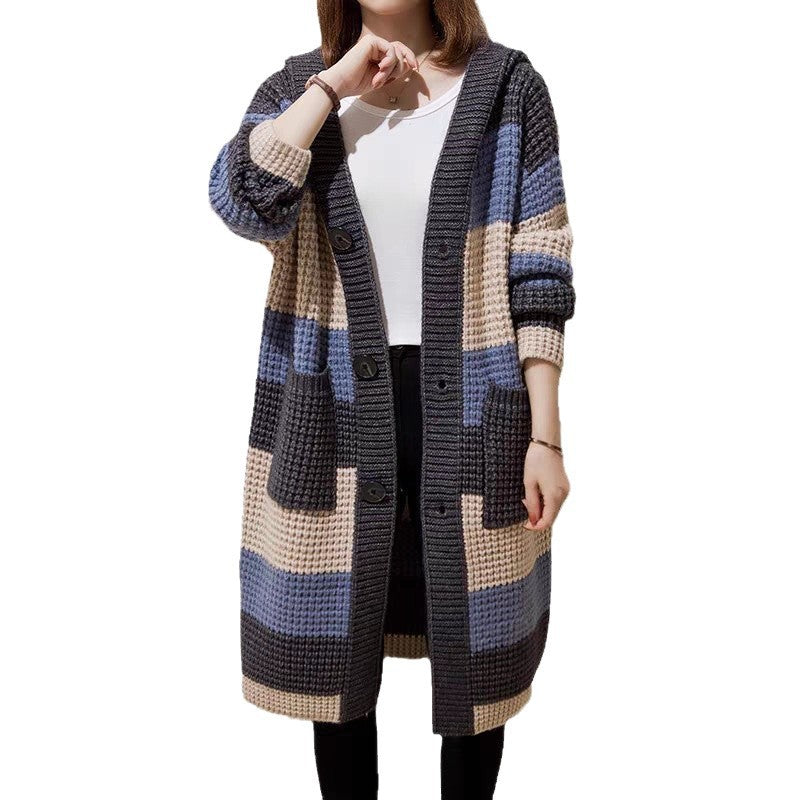 Women's Idle Style Loose Coarse Yarn Mid-length Hooded Thick Needle Knitted Women's Sweater