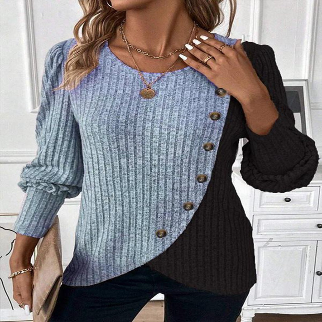 Women's Neck Multicolor Sunken Stripe Cross Hem Blouses
