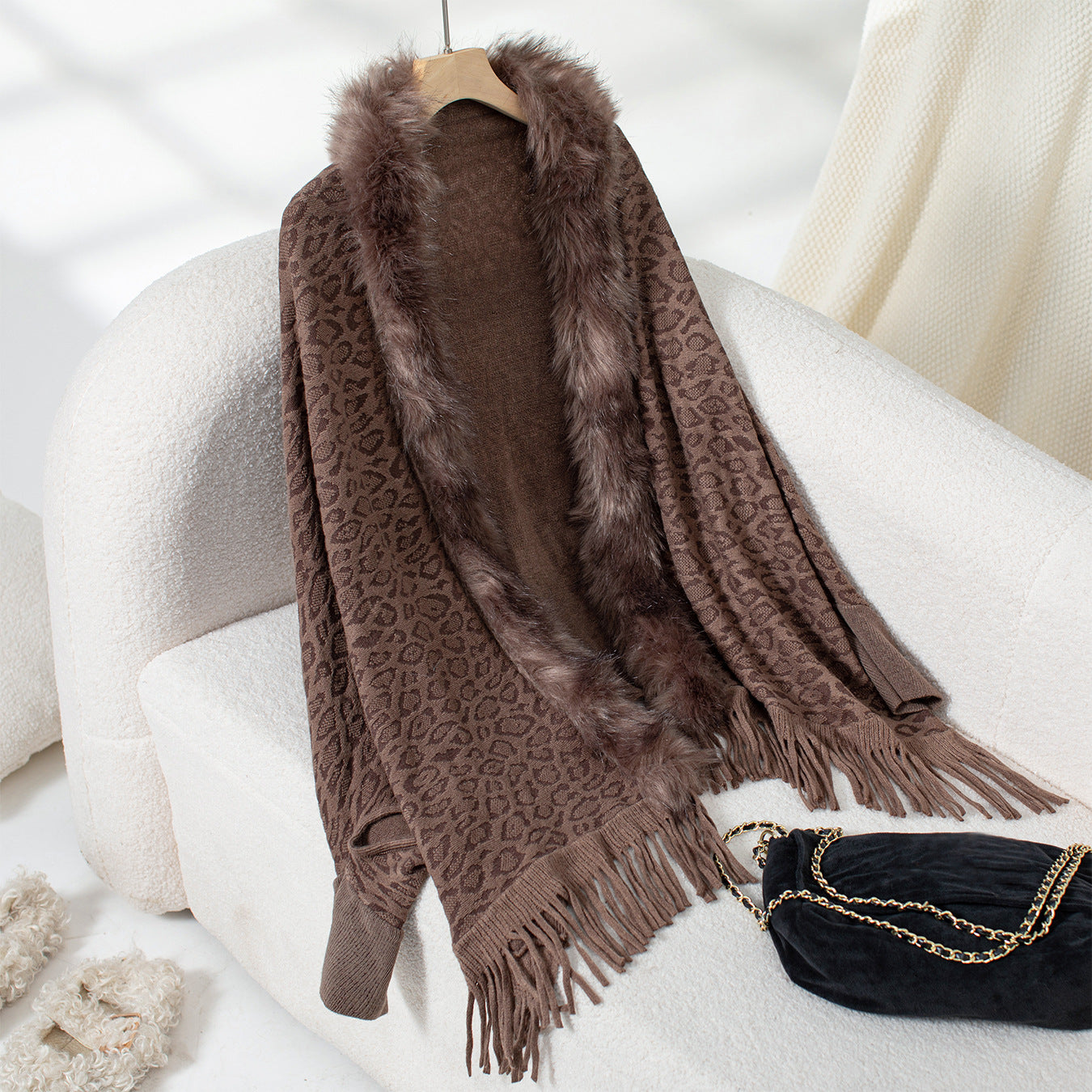 Women's Leopard Print Fur Collar Shawl Knitted Loose Batwing Sleeve Sweater