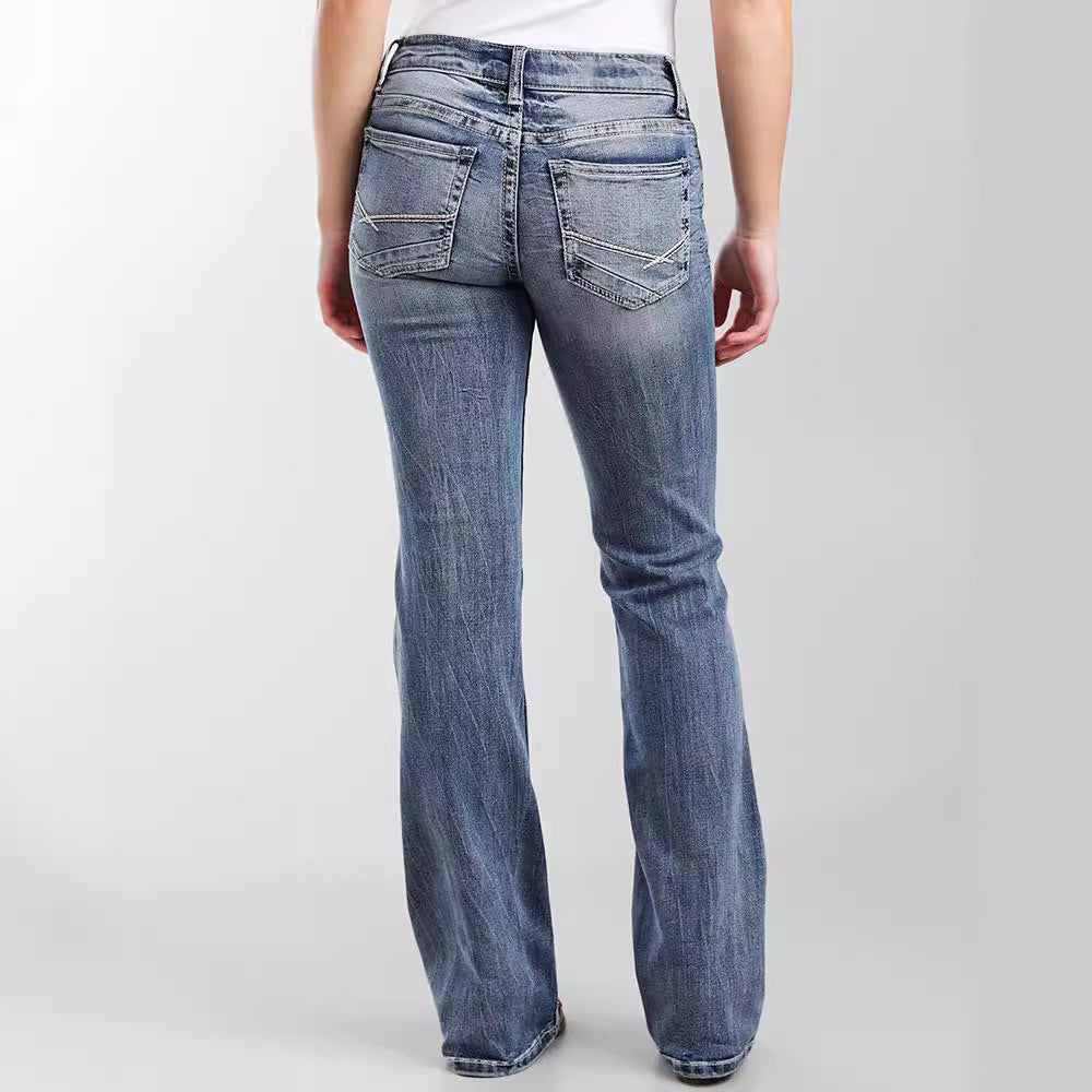 Women's Embroidered Pocket Low Waist Washed Casual Jeans