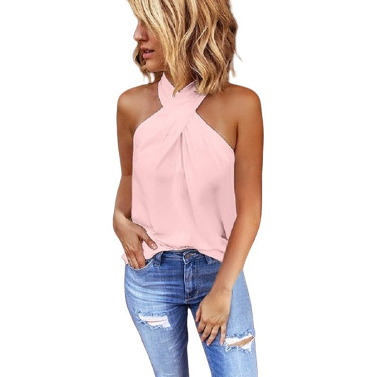 Women's Slim Back Zipper Halter Solid Color Blouses