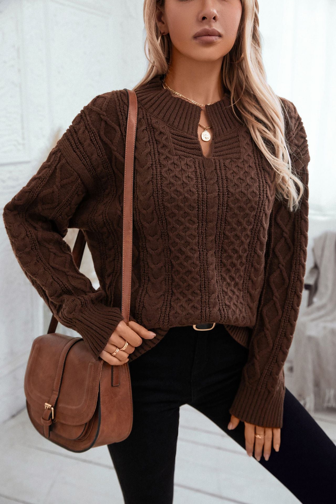 Women's Solid Color Twisted Pullover Collar Retro Loose Long Sweater