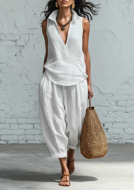 Women's Simple Lapel Shirt Wide Leg Linen Two-piece Fashion Casual Suit