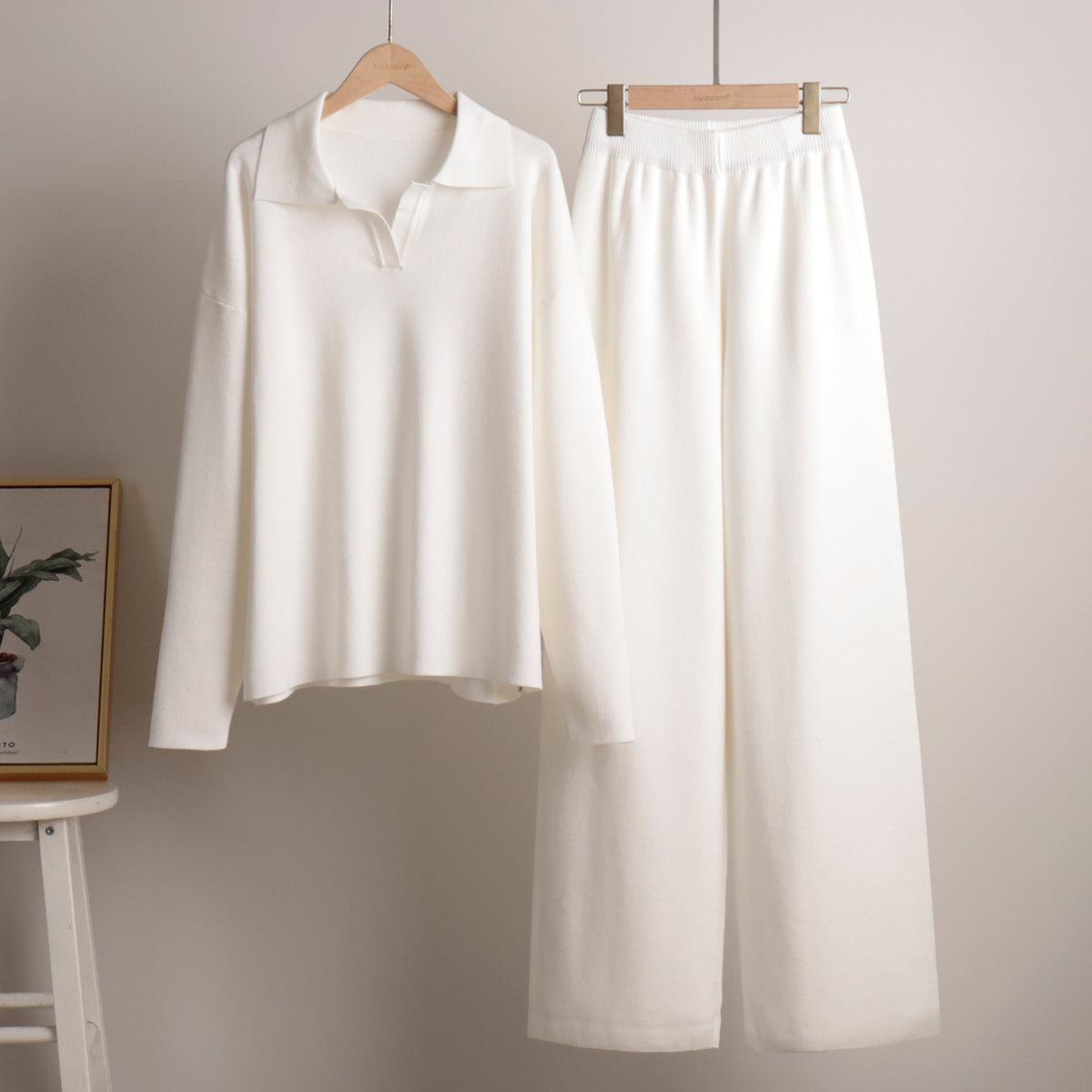 Collar Knitted Pullover Wide Leg Trousers Suits